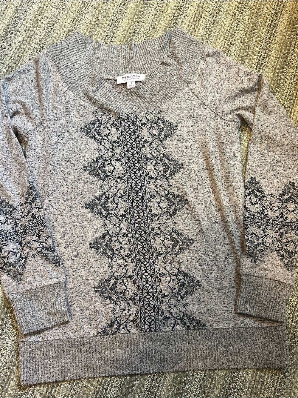 Tempted Gray Scoop-Neck Pullover with Black Ornate Print